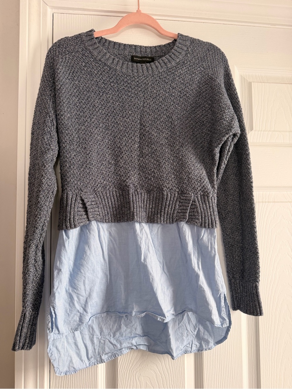 Banana Republic Gray Knit Crewneck Sweater with Light Blue Shirt Hem